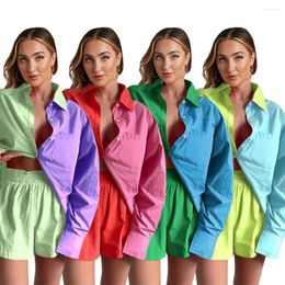 Women's Tracksuits Women Patchwork Clothes Set Long Sleeve Lapel Neck Button-up Shirt Irregular Hem Shorts Sets Outfits Ensemble Femme 2