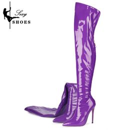 Diz üstü 931 deri kadın patent sivri ayak parmağı dikiş fermuarlı bayanlar uzun botlar seksi yüksek topuklu ayakkabılar Sapatos feminin 230807 5