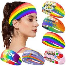 Colourful Stripes Rainbow LGBT Sweat Bands Pride Headband Stretchy Athletic Ear Protection Head Wraps Unisex For Running Exercise 2024