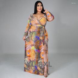 Plus Size Dresses Elegant For Women Autumn Leaf Print Long Sleeve Party Evening Gown Luxury Clothing 3xl 4xl 5xl 6xl