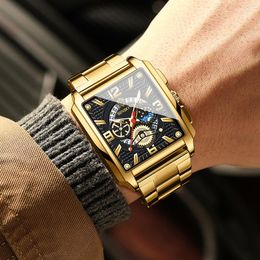 Wristwatches Sdotter BINBOND 2023 Luxury Business Men Watches Gold Quartz Stainless Steel Sport Square Clock Waterproof Date Watch Relogio M