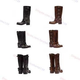 2023 Fashion New Round Toe Shiny Leather Boots Women Designer Fashion Cow Leather Belt Buckle leather Biker Knee Boots black brown style Chelsea boots