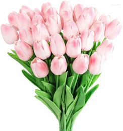 Decorative Flowers 30Pcs Tulips Real Touch Pink Artificial Fake Arrangement Bouquet For Home Office Wedding Decor (Pink)