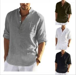 Men's Casual Shirts Leisure Cotton And Linen Solid Colour Long Sleeve Shirt Loose Stand-up Collar Men