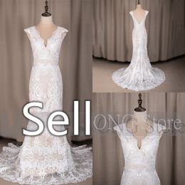 100% Real Photos Simple Sexy V Neck Open Back Cap Sleeve Mermaid Bohemian Sweep Train Lace Wedding Dress Bride Gown 2023 328 328