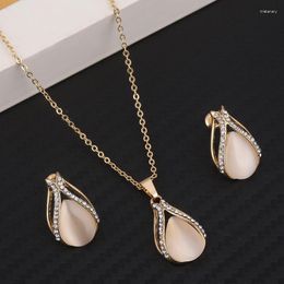 Necklace Earrings Set Fashion Gold Plated Opal For Woman Cubic Zirconia Water Drop Pendant Bridal Wedding Sets