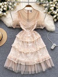 Party Dresses FTLZZ Summer Elegant Women Lace Mesh Embroidery Ruffled Dress Vintage Lady Bead Cake Holiday Beach