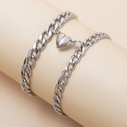 Bangle 2Pcsset Magnet Couple Bracelets Heart Attraction Bracelet Stainless Steel Charm Simple Cuban Chains Key Lock Jewelry Gifts 230807