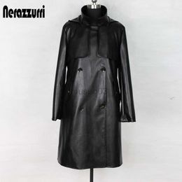 Women's Leather Faux Leather Nerazzurri Waterproof fashion trench coat for women black long sleeve hooded autumn faux leather Coat women 4xl 5xl 6xl 7xl HKD230808