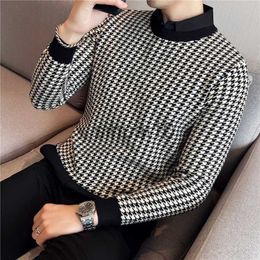 Men's Sweaters 2022 Winter Fake Two Piece Sweater Men's Thousand Bird Checker Knitting Sweater High Quality Elastic Slim Fit Pullover 4XL-M J230808