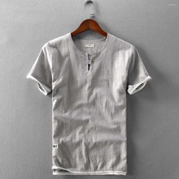 Men's Casual Shirts Men Big Size Summer Cotton Linen Shirt Short Sleeved Simple Patchwork Thin Loose Collarless Pullover