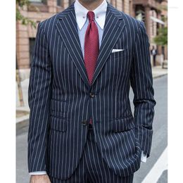 Men's Suits Navy Blue Pinstripe Business Men For Wedding 2 Piece Formal Groom Tuxedo Male Fashion Clothes Set Jacket With Pants