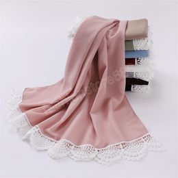 New Muslim Bubble Chiffon High Quality Hijab Shawls Stitch Lace Floral Chain Wrap Islamic Ramadan Hijabs Scarves Lady Veil Sjaal