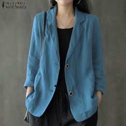 Women's Suits Blazers Autumn OL Suit Blazers Casual Solid Lapel Thin Blazer ZANZEA Women Long Sleeve Cotton Linen Coats Female Jackets Outwear 230807