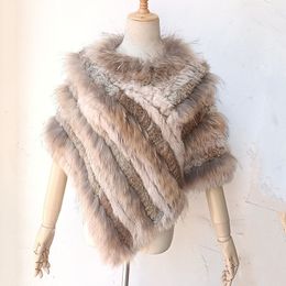 Scarves Natural Raccoon Fur Poncho Short Cute Women Casual Genuine Fur Cape Winter Female Natural Rabbit Fur Ponchos 230807