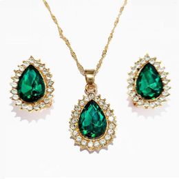 Necklace Earrings Set Luxury Emeralds Water Drop Pendant Earring Wedding Jewelry For Bridal Women