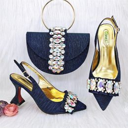 Dress Shoes 2023 Summer Pointed Toe High Qualty Matching Bag Set In Navy Blue Color For Nigerian Women Wedding Party