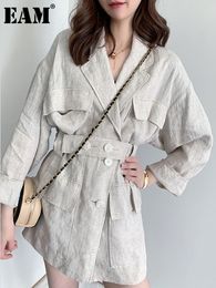 Women's Jackets EAM Loose Fit Linen Button Split Joint Big Size Jacket Lapel Long Sleeve Women Coat Fashion Spring 2023 1X5010 230808