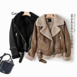 Women's Leather Faux Leather Winter Women Thick Warm Suede Lamb Jacket Short Motorcycle Brown Coats Faux Shearling Sheepskin Leather Jackets Outwear HKD230808