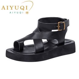 62 AIYUQI Genuine Leather Summer Clip Toe Ladies Roman Women Shoes Muffin Sandals WHS MTO 230807
