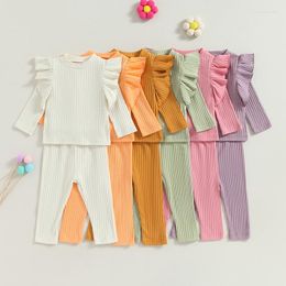 Clothing Sets 0-18M Autumn Baby Girl Clothes Solid Colour Ruffles Ribbed Long Sleeve Tops And Elastic Pants Set Cute 2 Piece Outfit