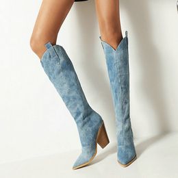 Women Western Denim 139 Fashion Knee Thigh High Heels Autumn Winter Cowboy Long Boots Slip on Woman Shoes Big Size 43 230807 69169