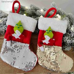 Christmas Elf Socks Gold Sequins Stocking Christmas Decoration For Home 2023 Xmas Tree Ornament Gift Navidad Natal 2024 L230620