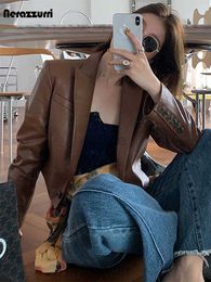 Women's Leather Faux Nerazzurri Autumn Brown Cropped Blazer Women Long Sleeve Single Button Spring Short Black Soft Light Jacket HKD230808