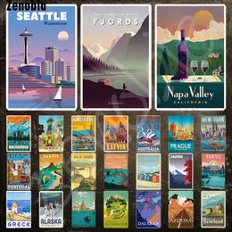 Vintage Travel Metal Sign Seattle Fjords Napa Valley Landmark Buildingtin Sign City Landscape Metal Poster Plaque for Room Livingroom Home Custom Decor 30X20CM w01