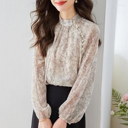 Women's Blouses Chiffon Shirt Summer 2023 Prints Loose Long Sleeves Beaded Top Vintage Ladies O-neck Clothing YCMYUNYAN