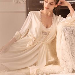 Women's Sleepwear Elegant Women Twinset Robe Set Chemise Nightgown Summer Lounge Wear Sexy Lace Bathrobe Gown Loose Satin Home Dress