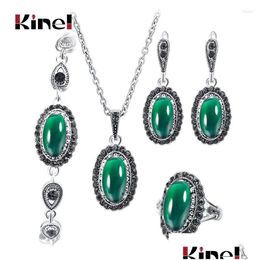 Earrings Necklace Set Kinel 4Pcs/Lot Boho Red Stone And Earring Bracelet Ring For Women Fashion Jewelry Wholesale Drop Deli Dhgarden Dhffu