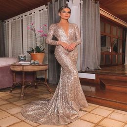 Gold Evening Dress Long Shinny 2023 New Open Neck Women Elegant Straps Sequin Mermaid Maxi Prom Party Gown Abendkleider Robe De So266j