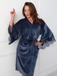 Women's Sleepwear Hiloc Blue Velvet Robes For Women Bathrobe Lace Patchwork Knitted Robe Dressing Gown Pocket Female Elegant 2023