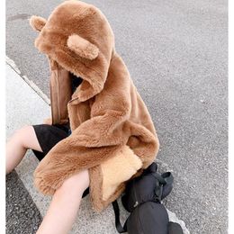 Jackets Wool Coat Winter Sheep Shearing Plush Warm Outerwear Real Lambswool Cashmere Kids Hooded Fur Overcoat A1685