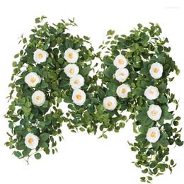 Decorative Flowers 200CM Artificial White Rose Vine Wedding Home Living Room Table Decor Eucalyptus Fake Flower Garland Wall Hanging Rattan