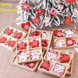 Christmas Wooden Pendant Snowflake Xmas Tree Hanging Ornaments Christmas Decorations for Home Gift Wooden Box Color Painting L230620