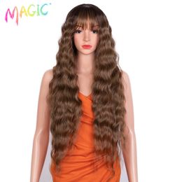 Synthetic Wigs Magic 30inches Nature Wave Wig With Bangs Ombre Blond For Women Daily Use Heat Resistant Fibre Hair Cosplay 230807