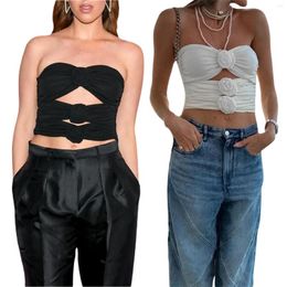 Women's Tanks Summer 3D Rose Flower Strapless Tube Tops For Sexy Backless Solid Hollow Slim Cropped Short Bandeau Shirts