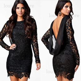 Wholesale- black lace dress robes femmes long sleeve maxi dresses backless sexy club red plus size women clothing T230808