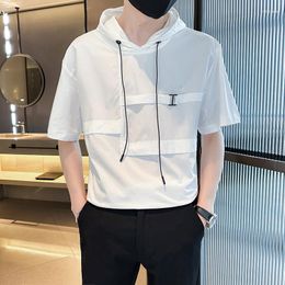 Men's T Shirts 2023 Fashion Hooded Patchwork Short Sleeve T-shirt Summer Streetwear Black White College Young Boy Hat Tees Man