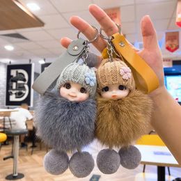 Plush Keychains Cute Expression Face Baby Pompom Keychain Real Fur Pendant For Women Bag Car Key Ring Girl Gift Charm Plush Doll Key Chain 230807