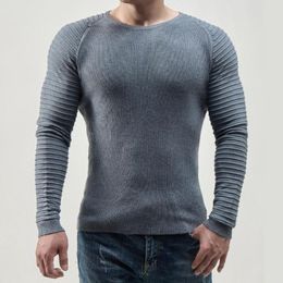 Men's Sweaters Autumn Slim Sweater Pleated Knit Pullover Soft Breathable Crew Neck Long Sleeve Fit Stripe Tops Fashion Male Pullovers