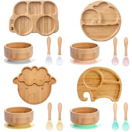 Cups Dishes Utensils 4pcs Bamboo Plate Sets Baby Feeding Bowl Wooden Kids Supplies Spoon Fork for Tableware Suction Cup 230808
