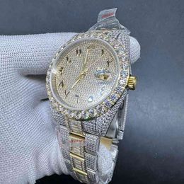 Full diamonds men watch iced yellow gold 2tone color 41mm CZ stones face Arabic numbers 2824 automatic baguette diamonds watchband