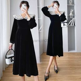 Maternity Dresses 8279# Autumn Winter Korean Fashion Maternity Long Dress Ruffle Lace O neck A Line Slim Clothes for Pregnant Women Pregnancy Ins HKD230808