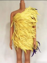 Stage Wear Women Sleeveless Concert Outfits Showgirl Samba Carnival Costume Fairy Dresses Yellow Feather Mini Stretch Dress
