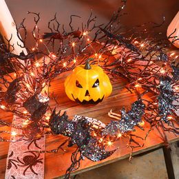 Other Event Party Supplies Halloween Wreath Artificial Dead Tree Branches Rose Bats LED Light Ring Hanging Decoration Non Electrified 230808