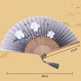 Chinese Style Products Vintage Chinese Silk Folding Fan Retro Bamboo Hand Fan Wooden Shank Classical Dance Fan Ornaments Craft Gift Home Decor