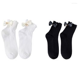 Women Socks Ribbed Cotton Pearl Pendant Bowknot Ruffled Trim Hosiery Drop